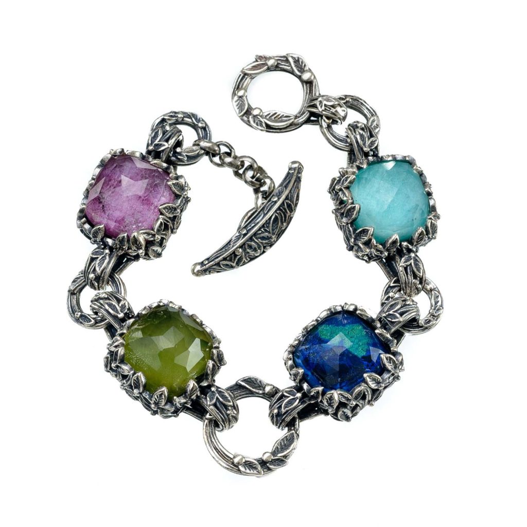 Greek Jewelry, Gerochristo Sterling Silver 925 Cyclamen flower bracelet quartz stones doublet cocktail