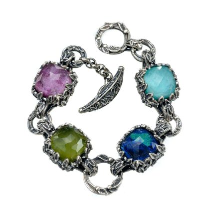 Greek Jewelry, Gerochristo Sterling Silver 925 Cyclamen flower bracelet quartz stones doublet cocktail