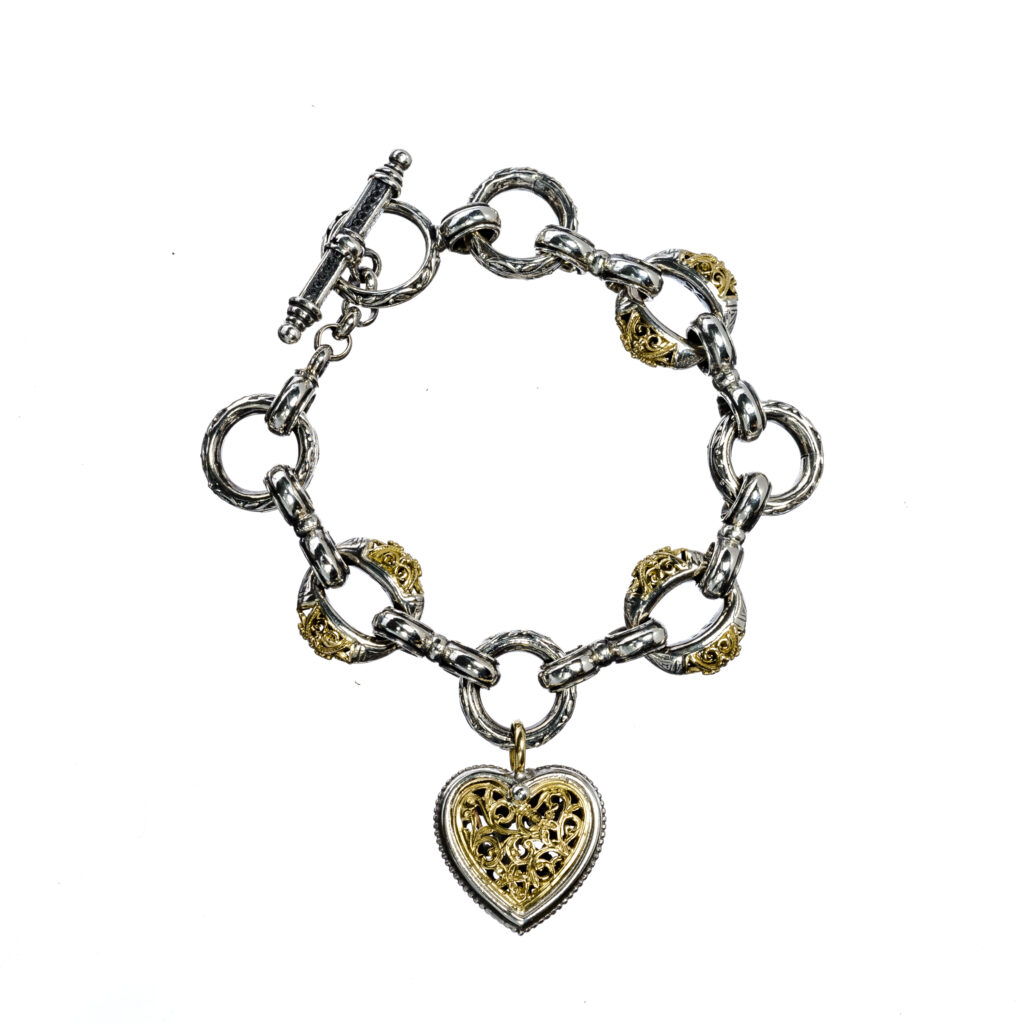 Circle link Bracelet with Heart Charm in 18k Gold and Silver