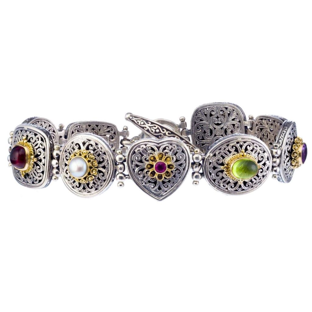 Filigree Link Gemstone Bracelet in 18K Gold and Sterling Silver 925