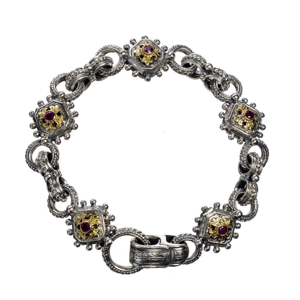 Byzantine Square Link Bracelet with Rubies in 18K Gold & Silver