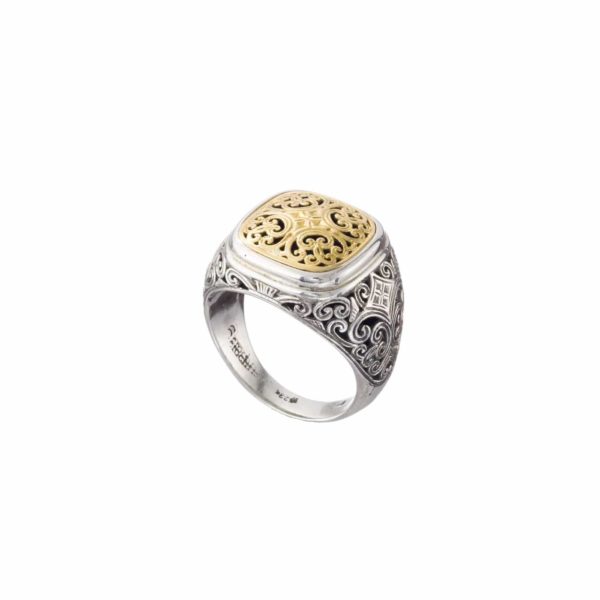 Filigree Square Shape Byzantine Cross Ring 18k Yellow Gold and Sterling Silver