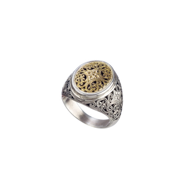 Filigree Byzantine Oval Shape Cross Ring 18k Yellow Gold and Sterling Silver