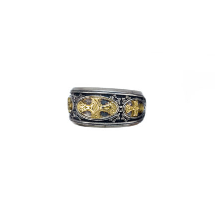 Triple Cross Men’s Band Byzantine Ring 18k Yellow Gold and Sterling Silver 925