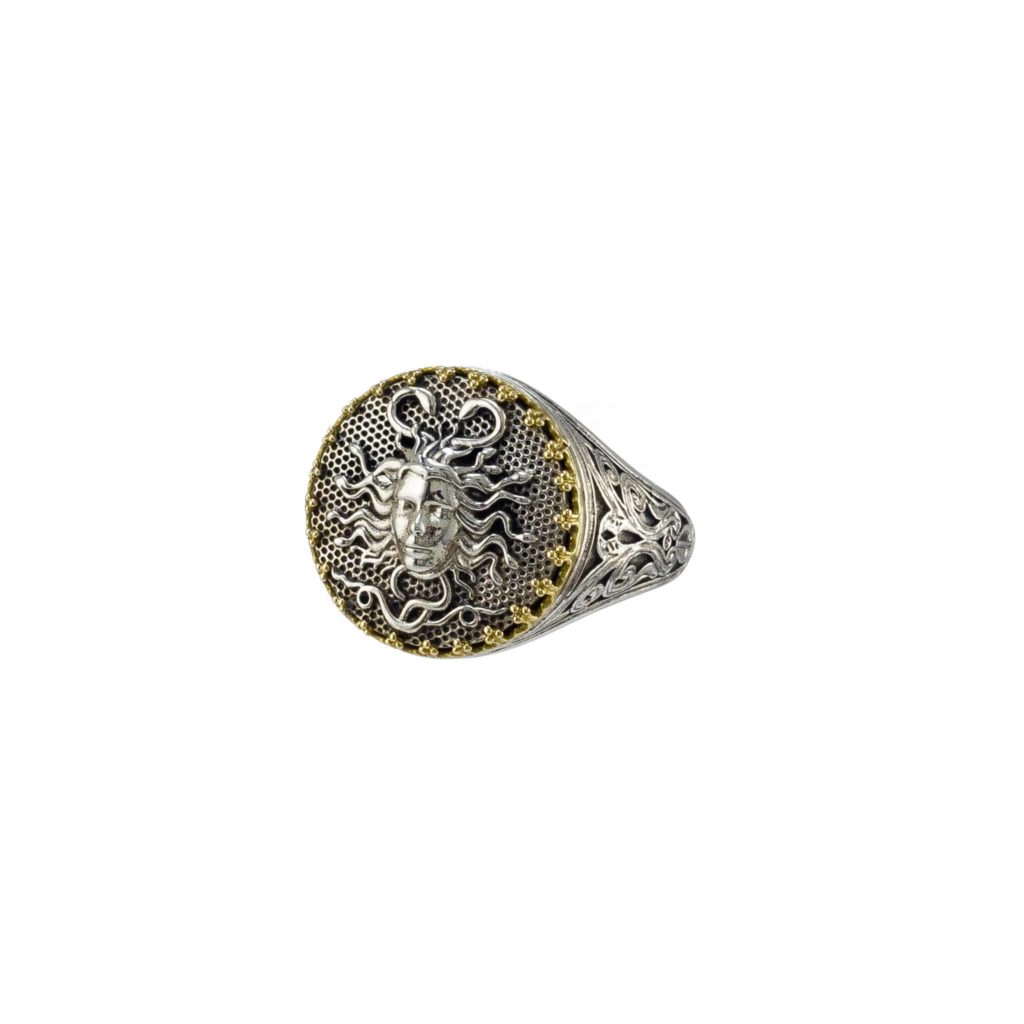 Medusa Ring Greek Mythology Handmade 18k Yellow Gold and Sterling Silver 925