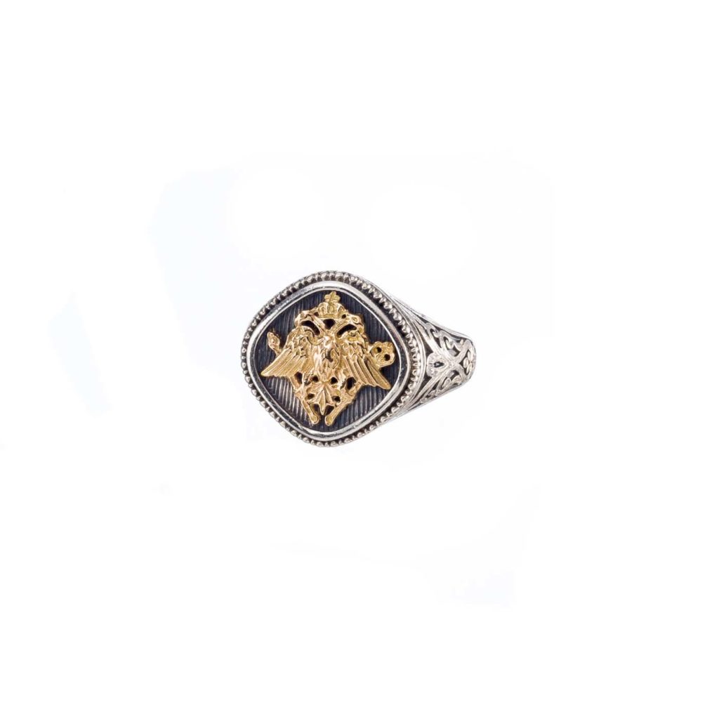 Double Headed Eagle Ring Byzantine Imperial Symbol for Men’s 18k Gold and Silver