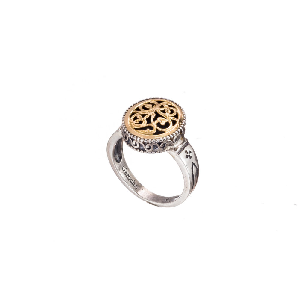 Oval Flower Byzantine Ring for Women’s 18k Yellow Gold and Silver 925