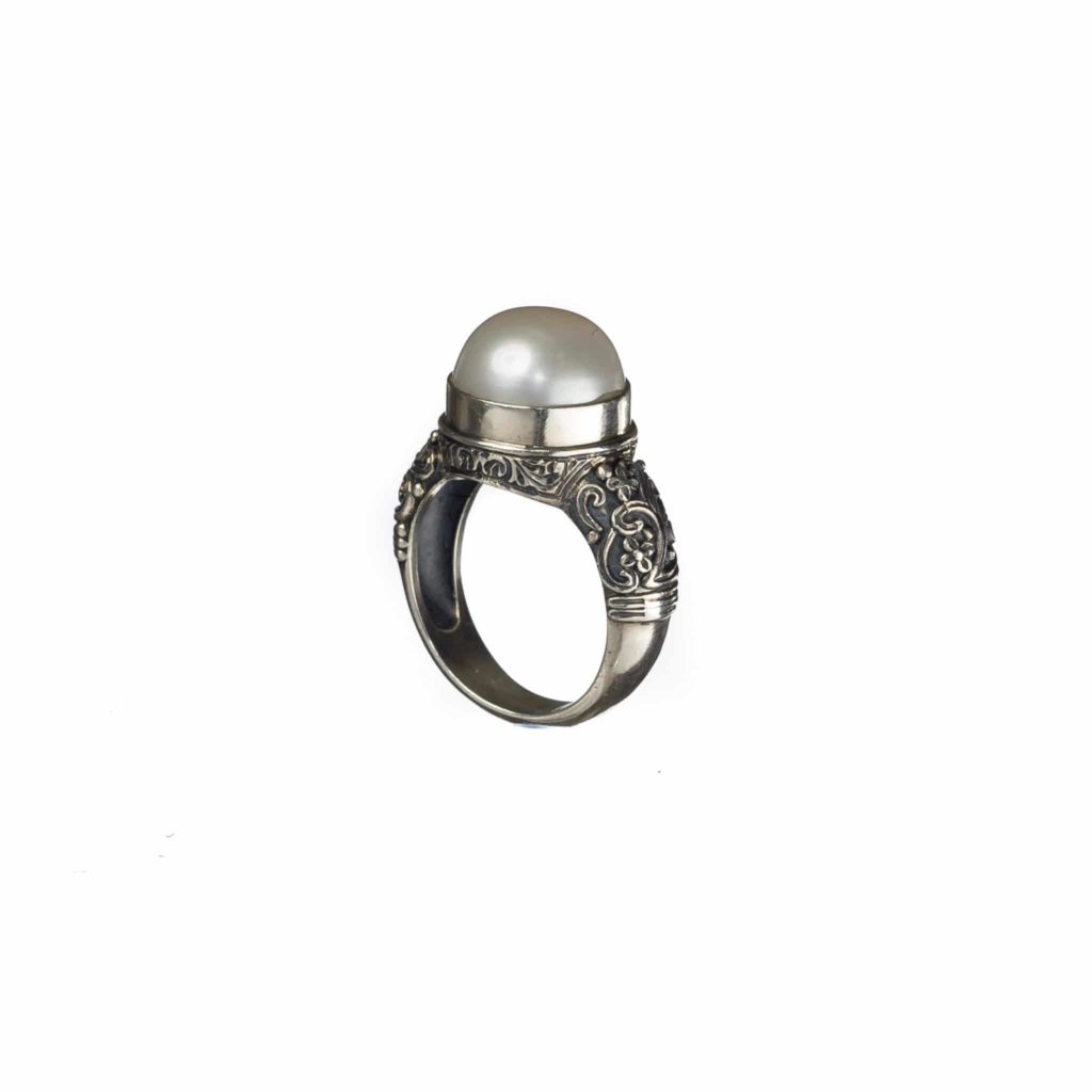 Solitaire Pearl Byzantine Ring in Sterling Silver 925
