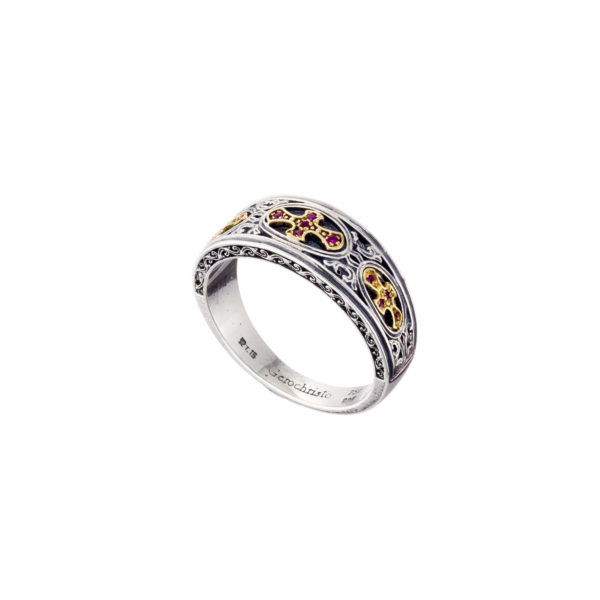 Triple Cross Ruby Band Byzantine Ring 18k Yellow Gold and Sterling Silver 925