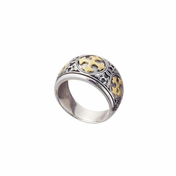 Maltese Triple Cross Band Ring 18k Yellow Gold and Sterling Silver 925