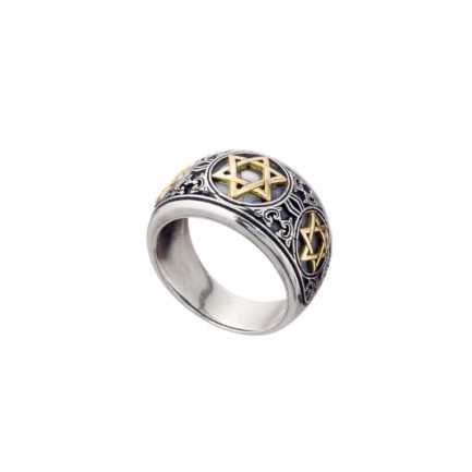 Star of David for Men’s Band Ring 18k Yellow Gold and Sterling Silver 925