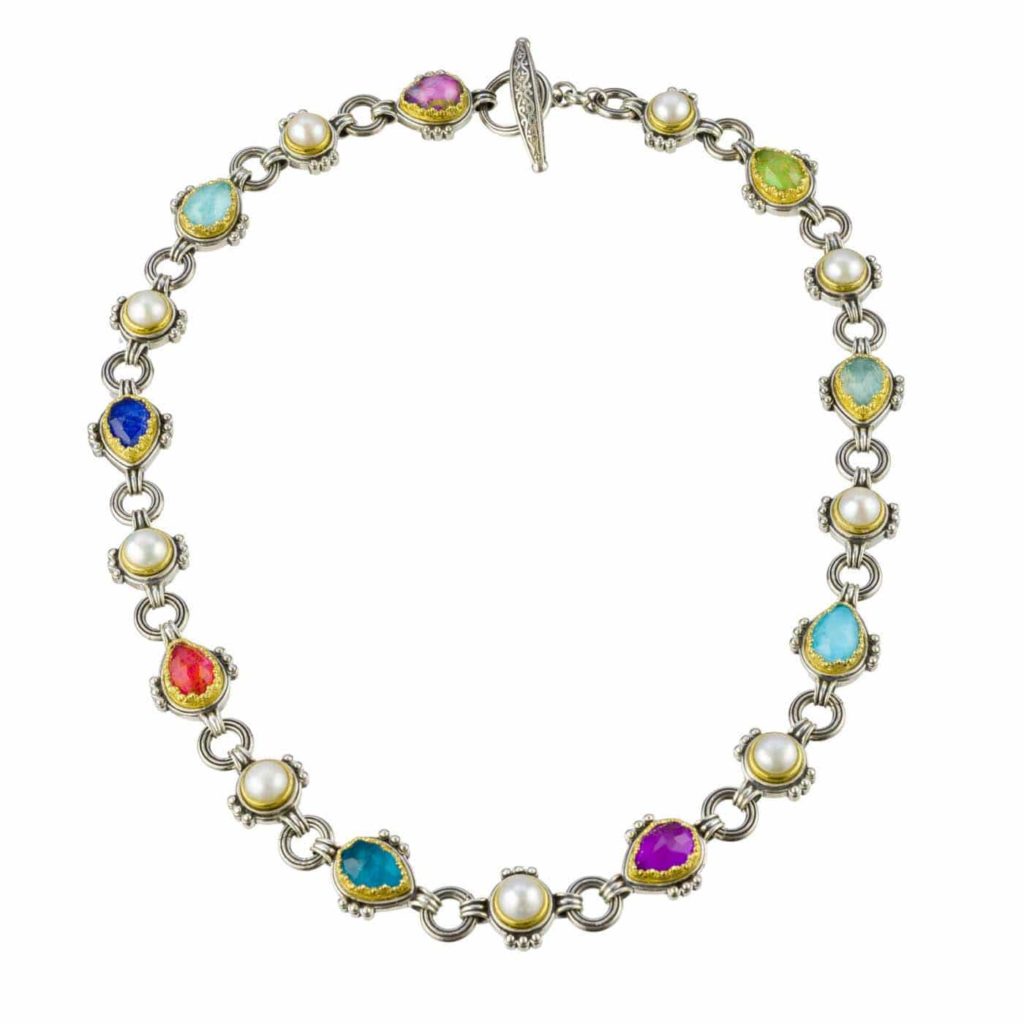 Silver with Gold plated Parts Multi-Colored Stone Link Necklace for Ladies