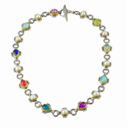 Silver with Gold plated Parts Multi-Colored Stone Link Necklace for Ladies