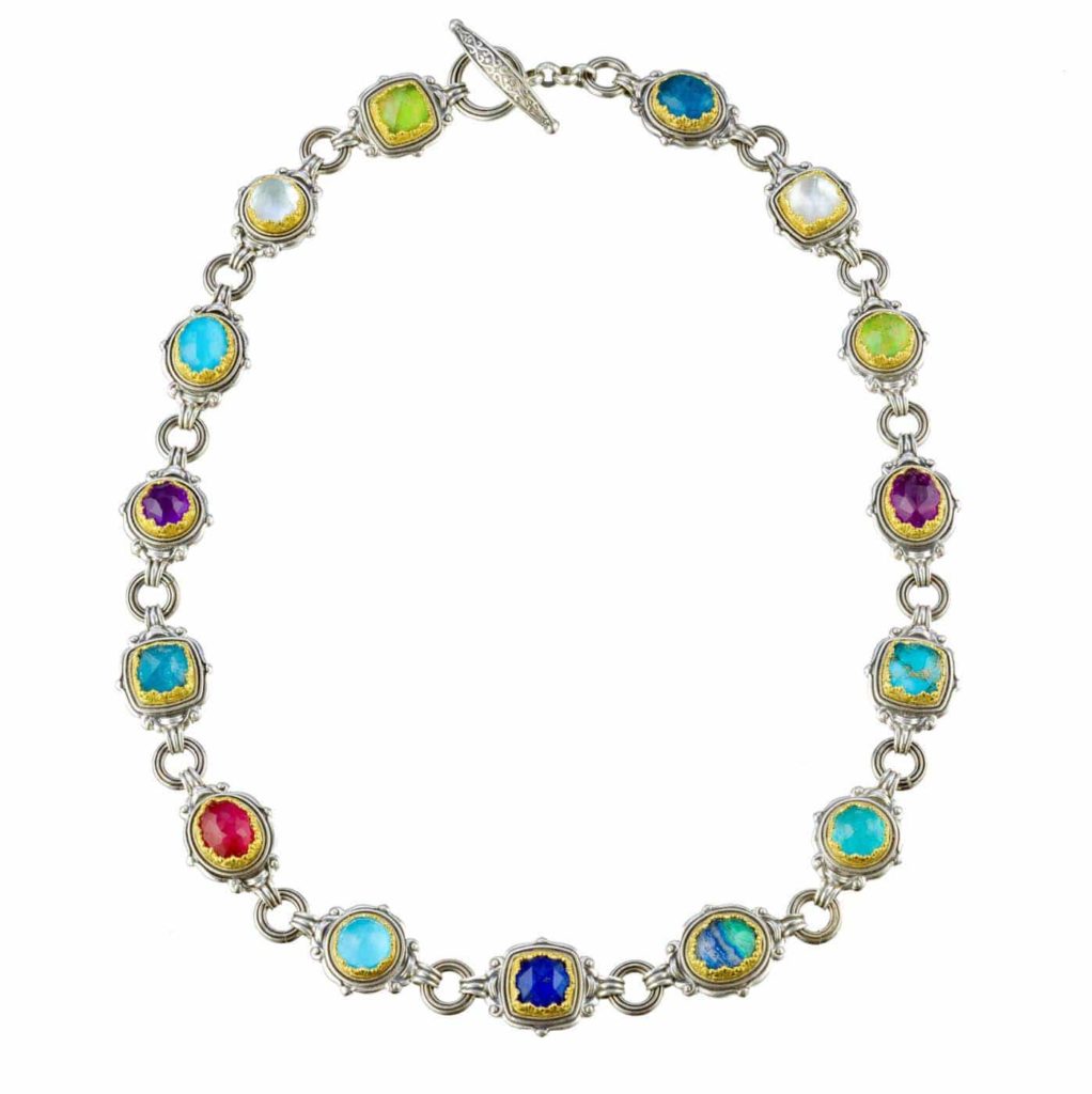 Silver with Gold plated Parts Multi-Colored Stone Link Necklace for Ladies