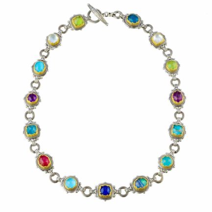 Silver with Gold plated Parts Multi-Colored Stone Link Necklace for Ladies