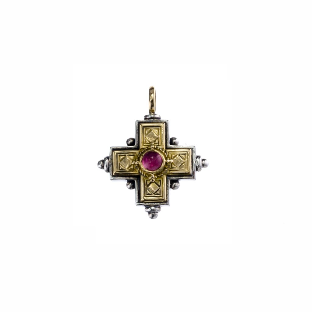 Byzantine Cross Pendant 18k Yellow Gold and Sterling Silver 925