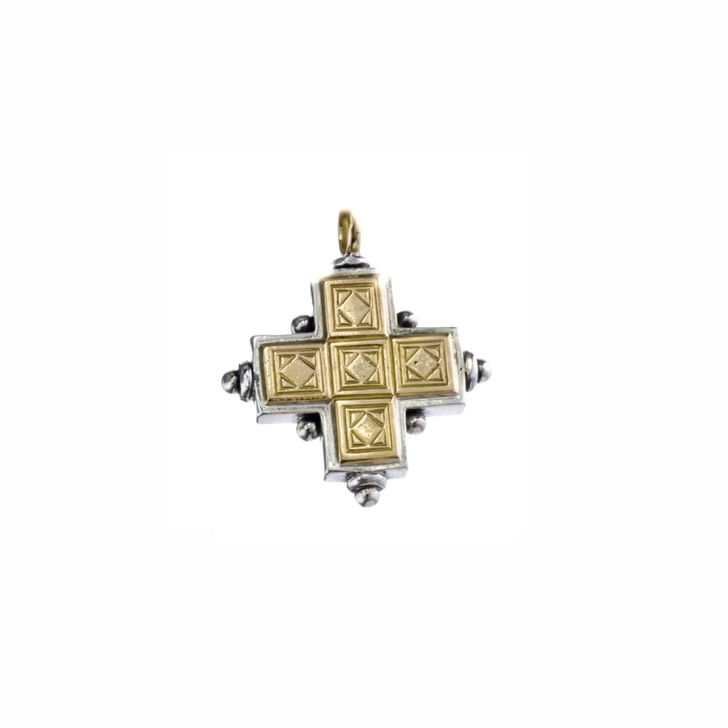 Byzantine Cross Pendant 18k Yellow Gold and Sterling Silver 925