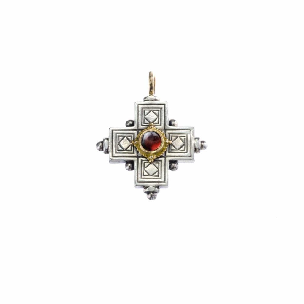 Byzantine Cross Pendant 18k Yellow Gold and Sterling Silver 925
