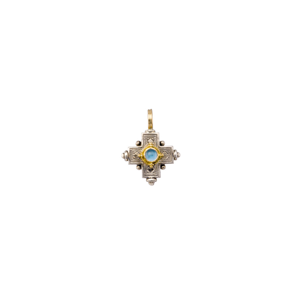 Byzantine Cross Pendant Garnet 18k Yellow Gold and Sterling Silver 925