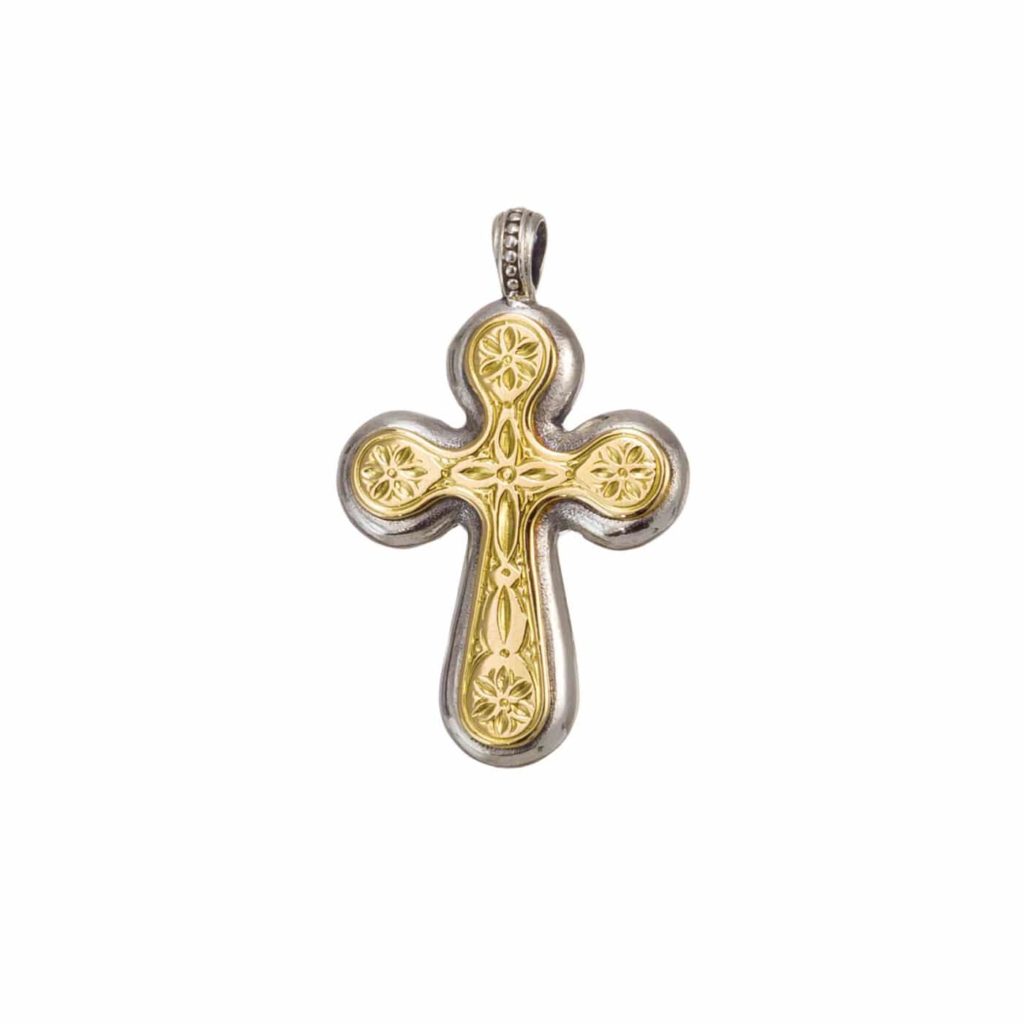 Byzantine Cross Pendant 18k Yellow Gold and Sterling Silver 925