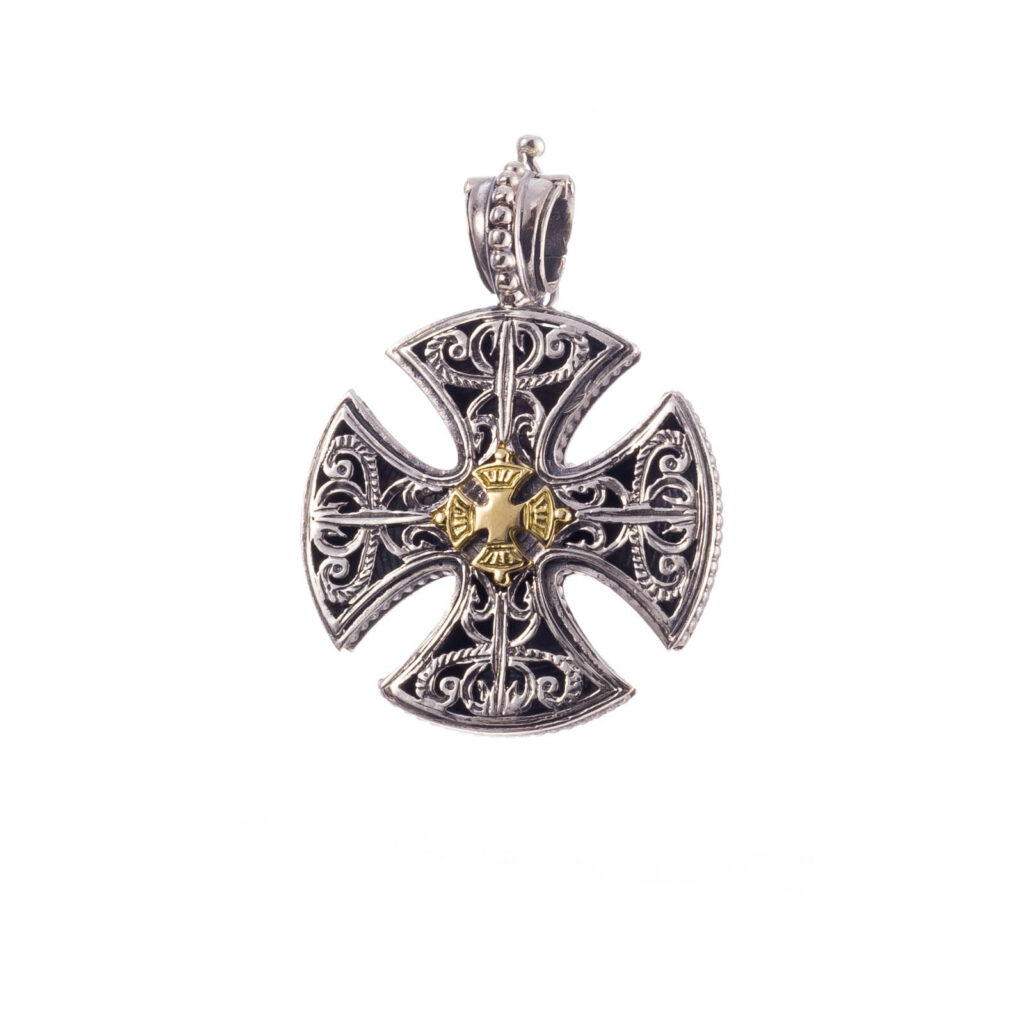 Maltese Men’s Cross Pendant 18k Yellow Gold and Sterling Silver 925