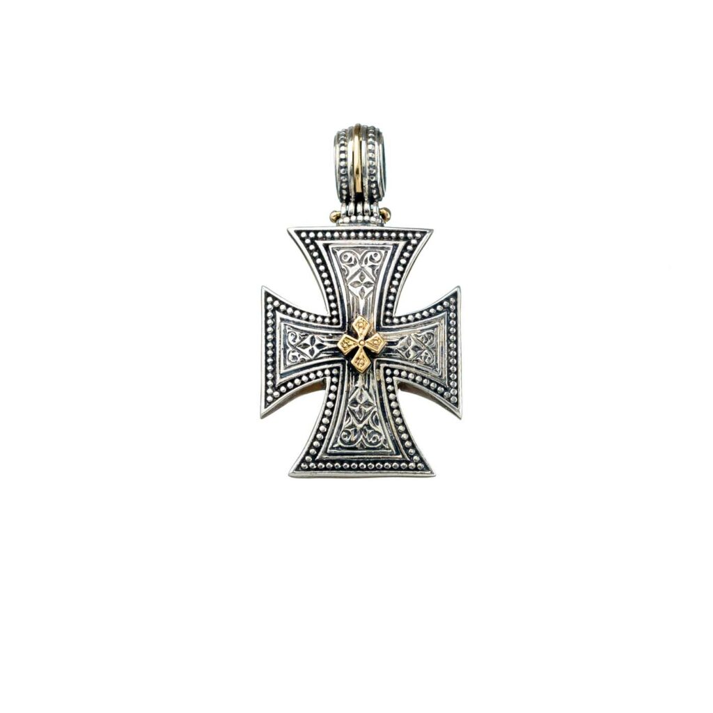 Maltese Men’s Cross Pendant 18k Yellow Gold and Sterling Silver 925