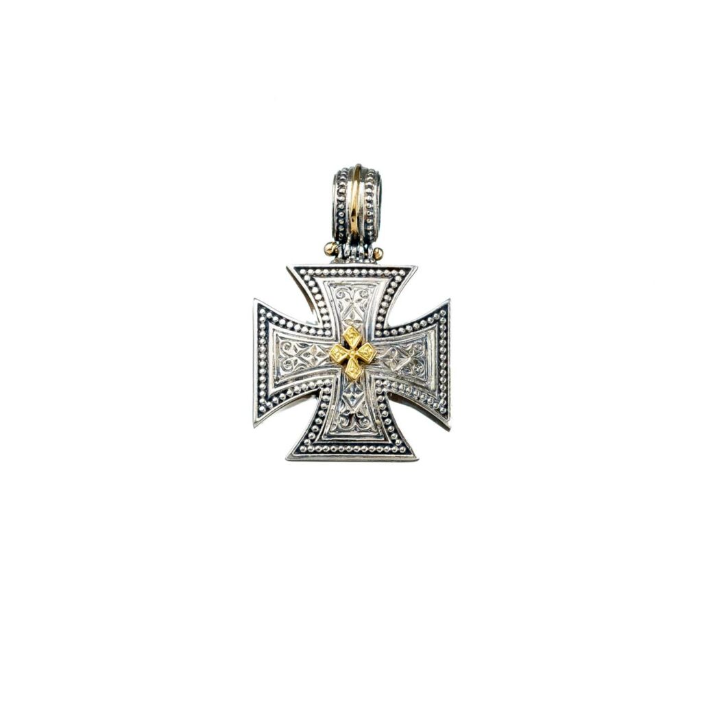 Maltese Men’s Cross Pendant 18k Yellow Gold and Sterling Silver 925