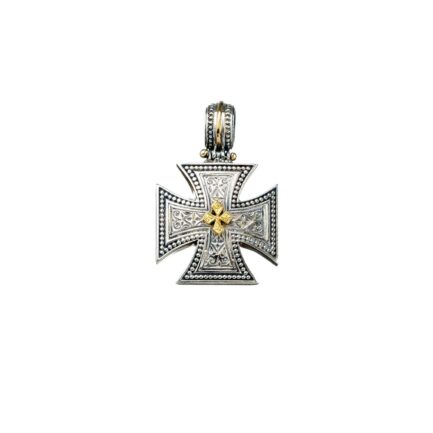 Maltese Men’s Cross Pendant 18k Yellow Gold and Sterling Silver 925