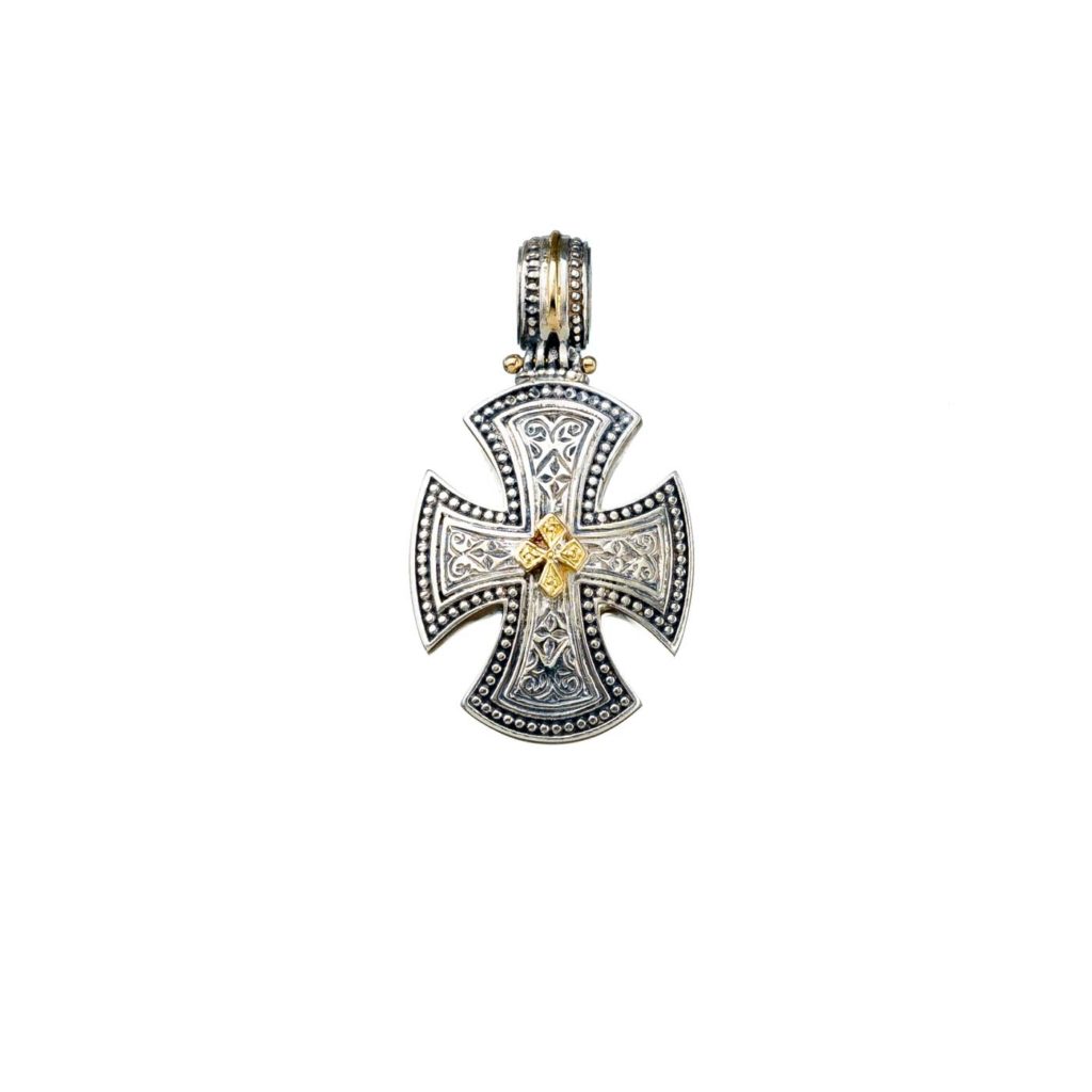 Maltese Men’s Cross Pendant 18k Yellow Gold and Sterling Silver 925