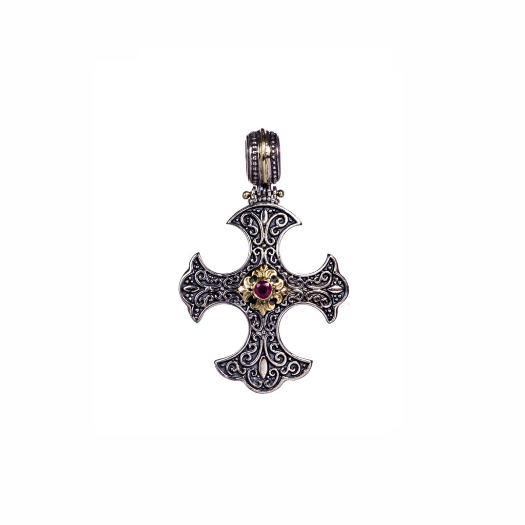 Gothic Handmade Cross Pendant Ruby 18k Yellow Gold and Sterling Silver 925
