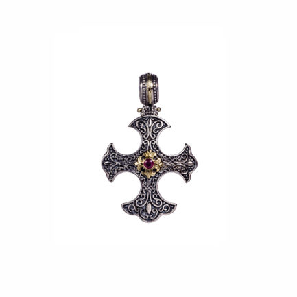 Gothic Handmade Cross Pendant Ruby 18k Yellow Gold and Sterling Silver 925