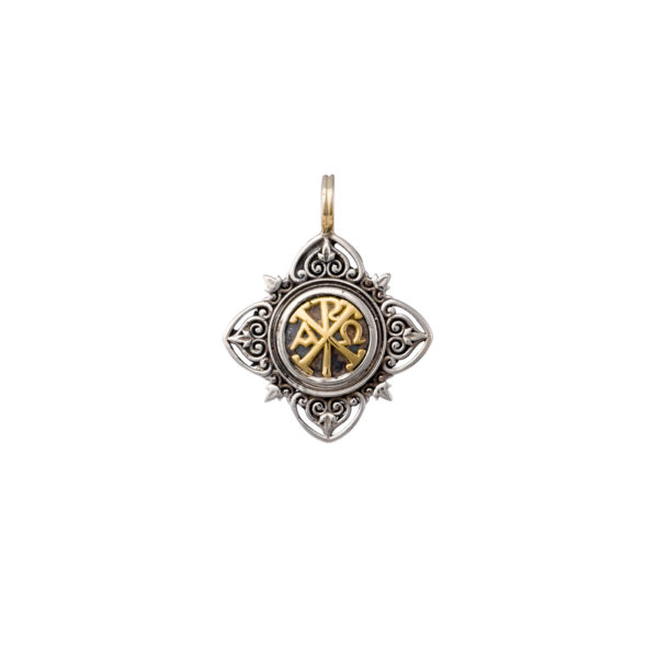 Chi-Rho Cross Pendant Byzantine 18k Yellow Gold and Sterling Silver 925