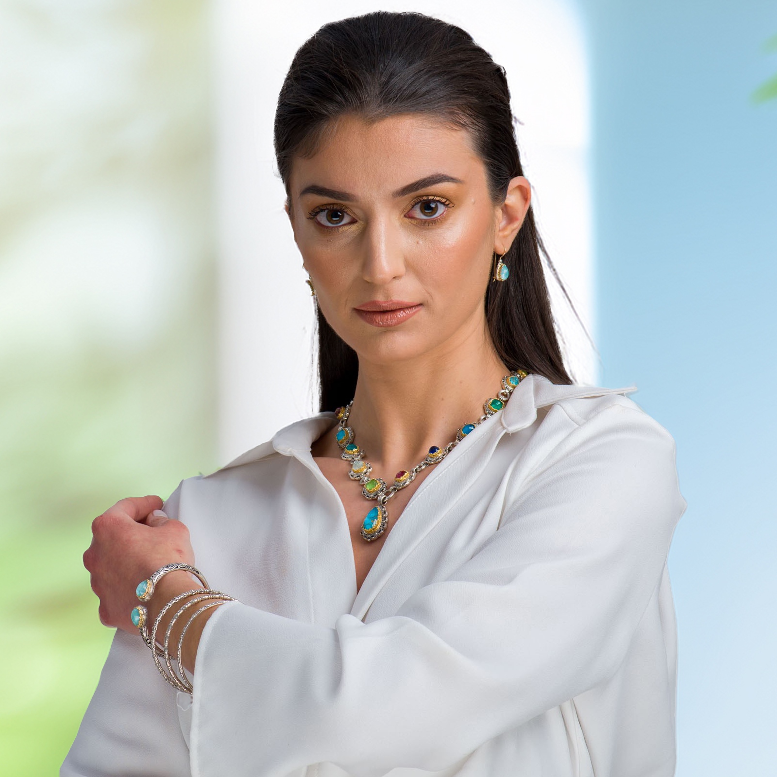 Silver with Gold plated Parts Necklace with Multi-Colored Stone