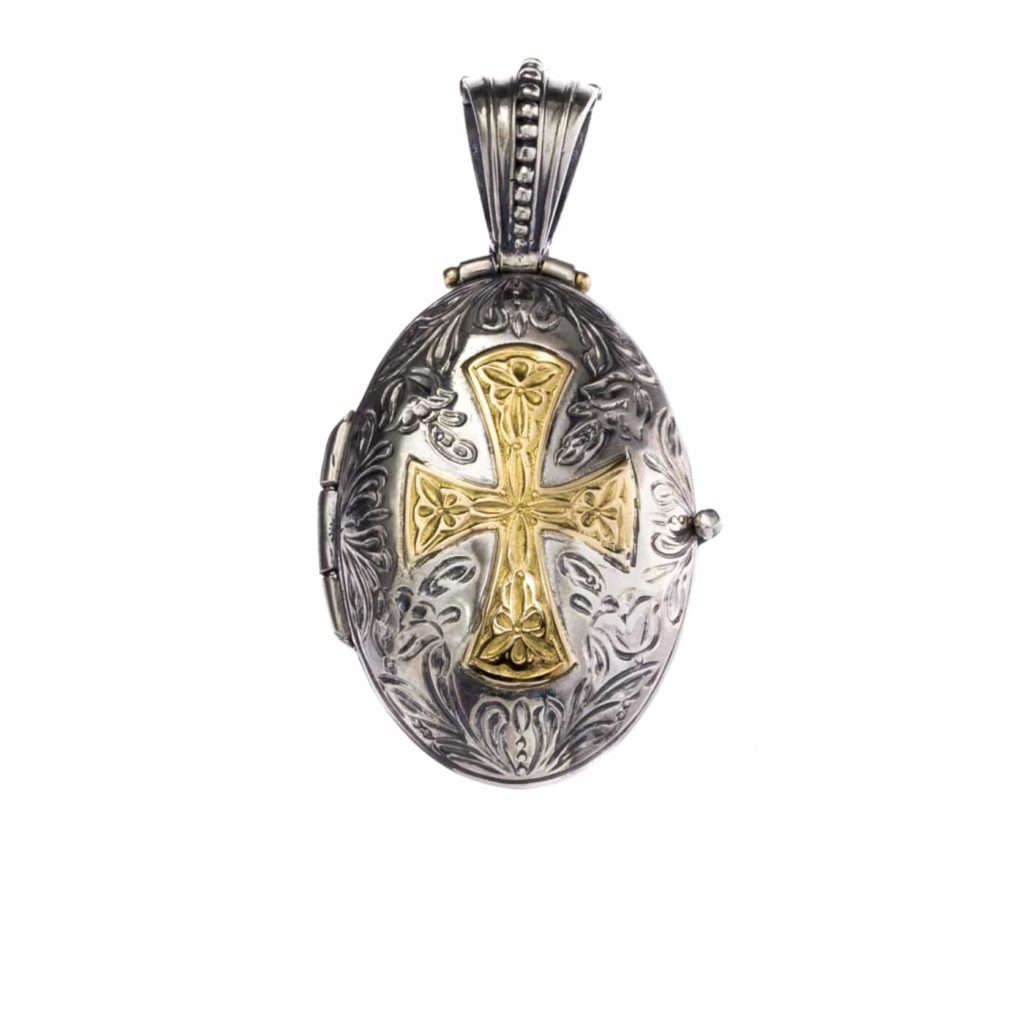 Engraved Oval Locket Pendant with Cross 18k Yellow Gold and Silver 925