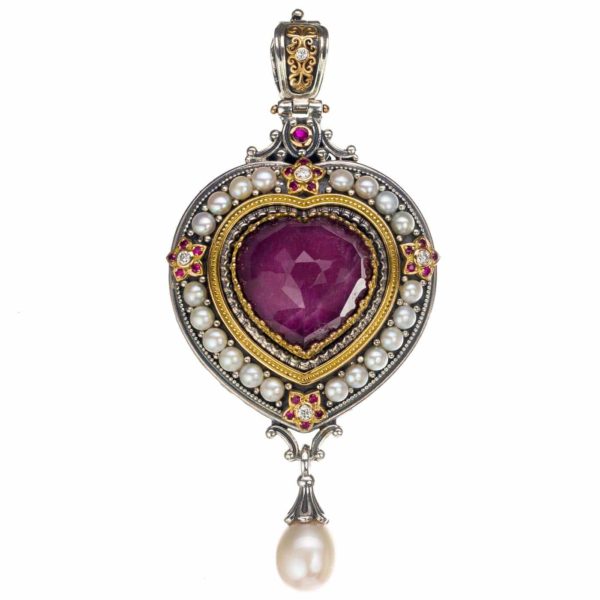 Large Heart Pendant Pearl Drop 18k Yellow Gold and Sterling Silver 925