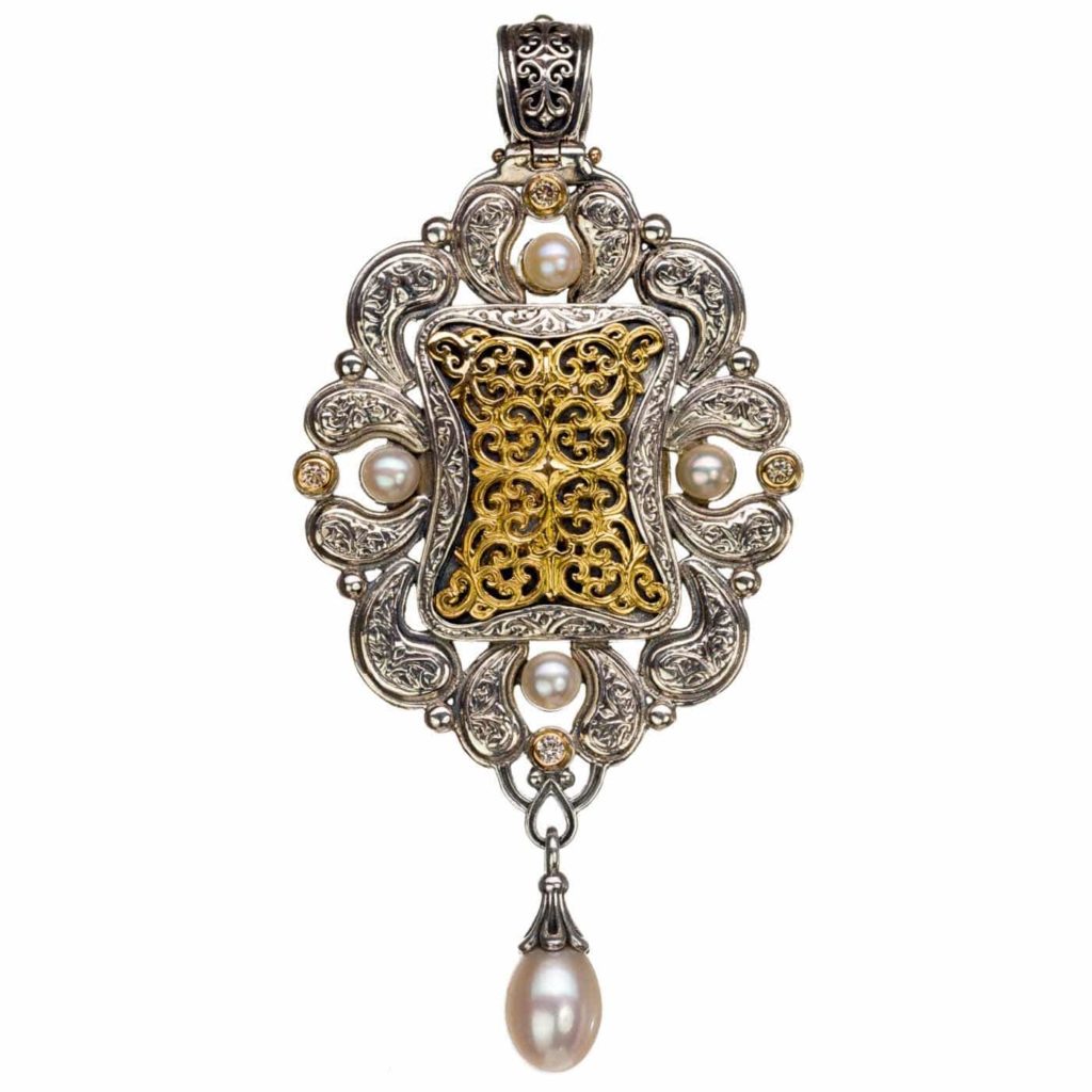 Filigree Locket Pearl Drop Large Pendant 18k yellow Gold and Silver