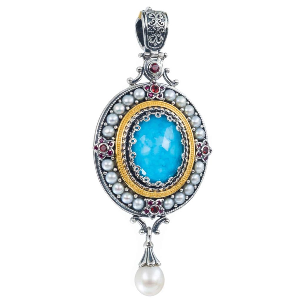 Large Oval Pendant Pearl Drop in Sterling Silver with Gold Plated Parts