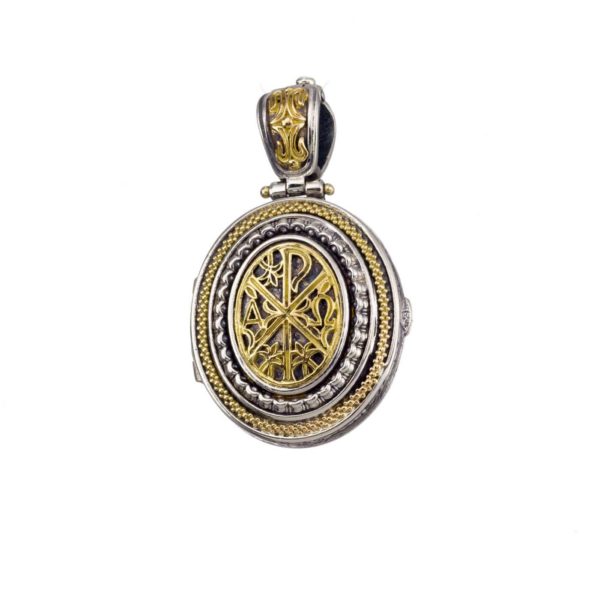 Chi Rho Byzantine Oval Locket Pendant 18k Yellow Gold and Sterling silver