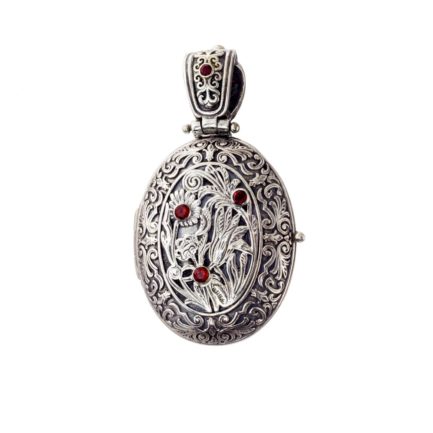 Garden Oval Locket Pendant Garnets in Sterling Silver 925