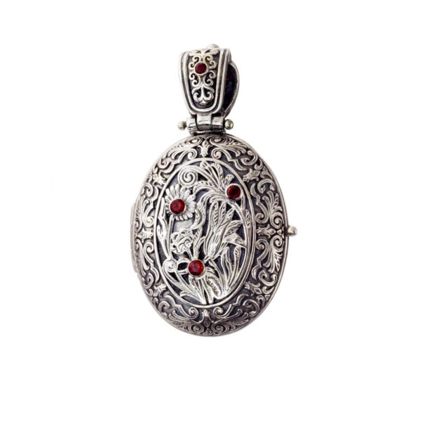 Garden Oval Locket Pendant Garnets in Sterling Silver 925