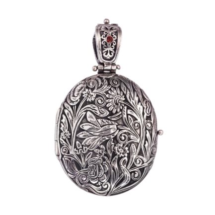 Garden Flowers Large Oval Locket Pendant in Sterling Silver 925