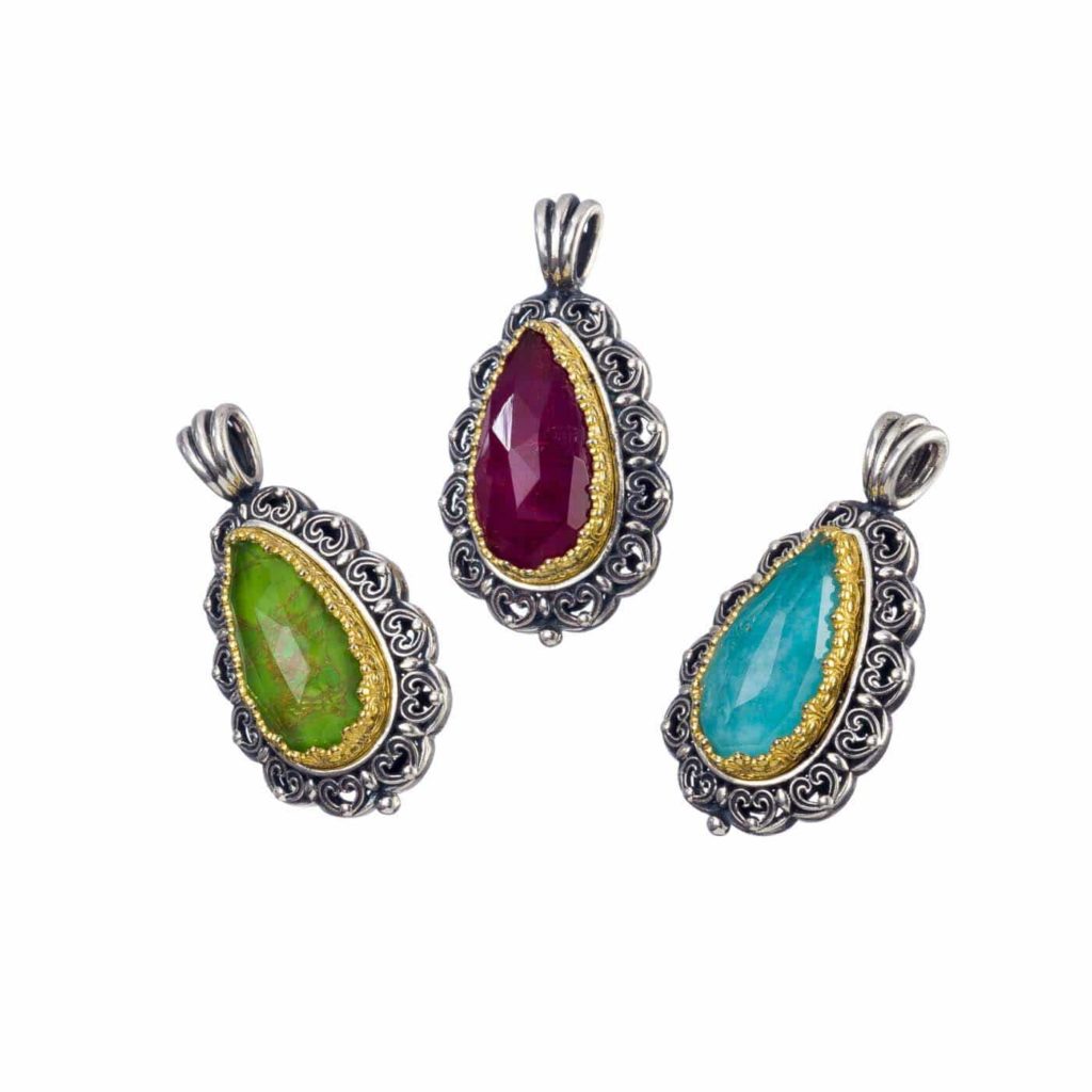 Tear-Drop Color Pendant in Sterling Silver 925 with Gold plated parts