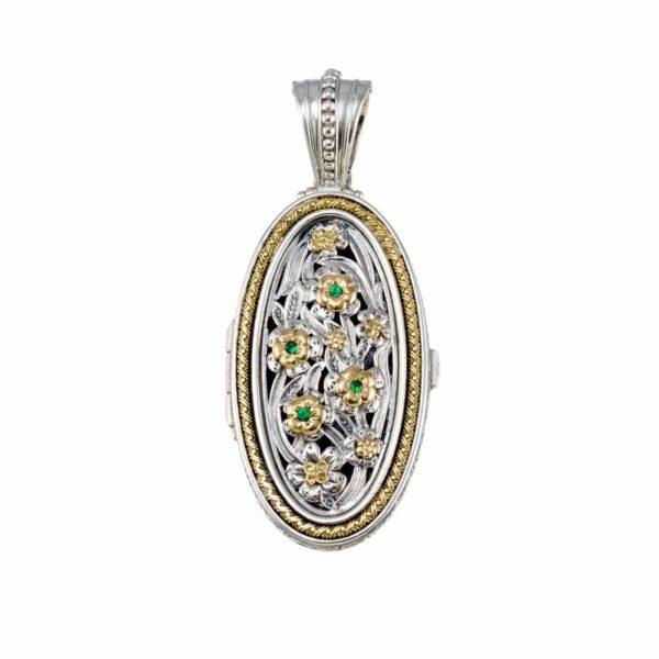 Oval Filigree Locket Flower Pendant Byzantine Jewelry 18k Yellow Gold and Silver