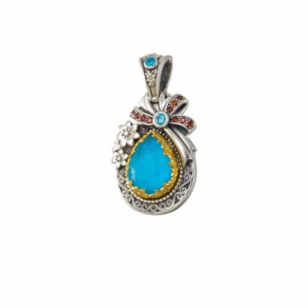 Tear-Drop Color Pendant in Sterling Silver 925 with Gold plated parts