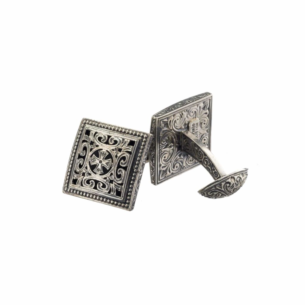 Filigree Square Byzantine Cross Cufflinks in Sterling Silver 925
