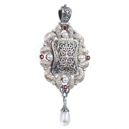 Filigree Locket Pendant with Pearl Drop in Sterling Silver 925