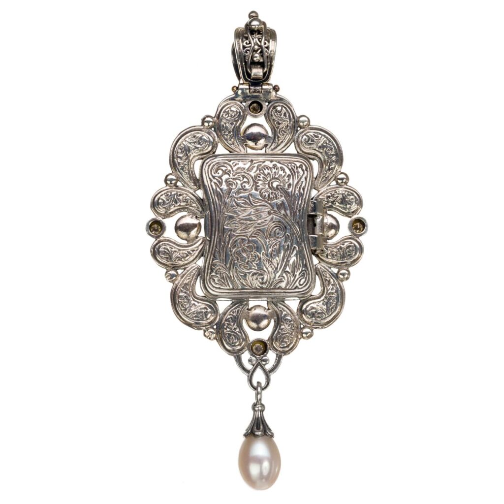 Large Filigree Locket Pendant with Pearl Drop in 18k Yellow Gold and Silver