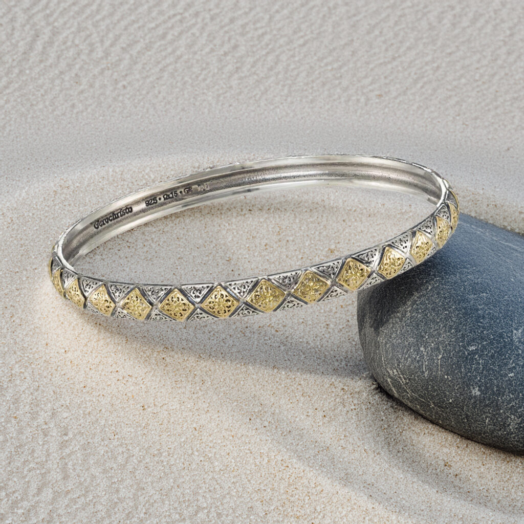 Rhombus Pattern Bangle Bracelet in 18k Gold and Silver 6502