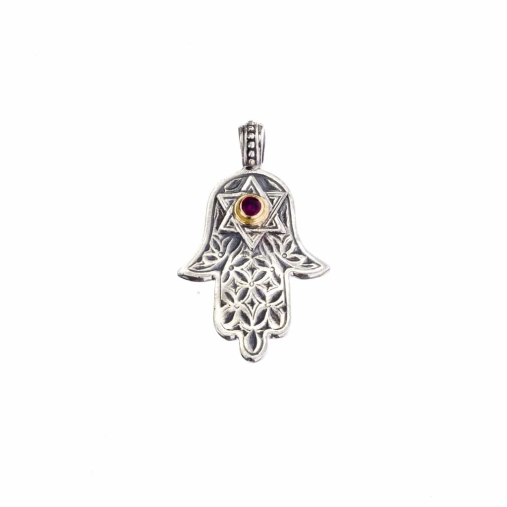 Hamsa Fatima Hand Amulet Pendant Silver and 18k Gold