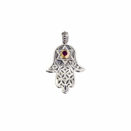 Hamsa Fatima Hand Amulet Pendant Silver and 18k Gold